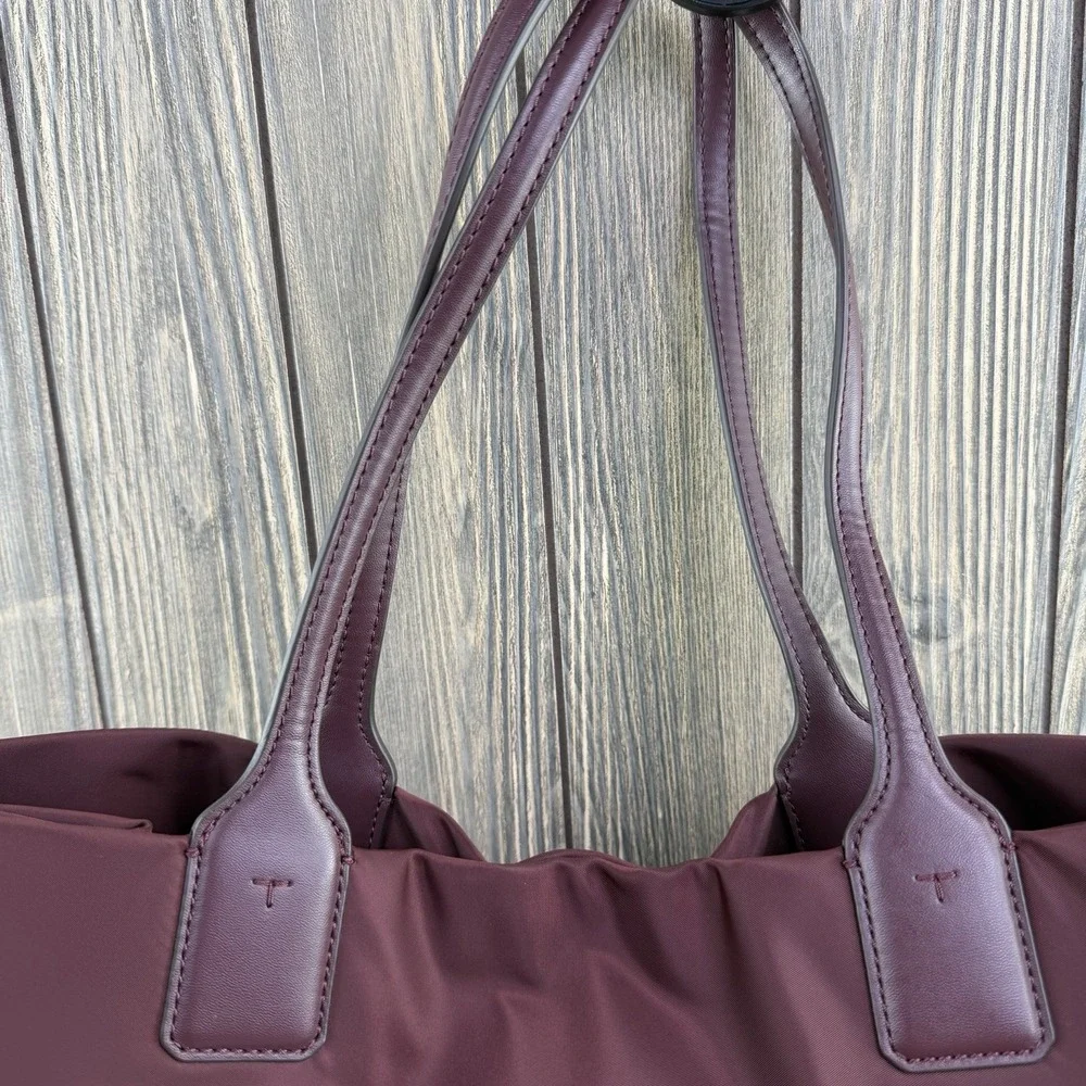 Tory Burch Ella Large Tote Bag Burgundy Nylon Leather Logo Shoulder Handbag